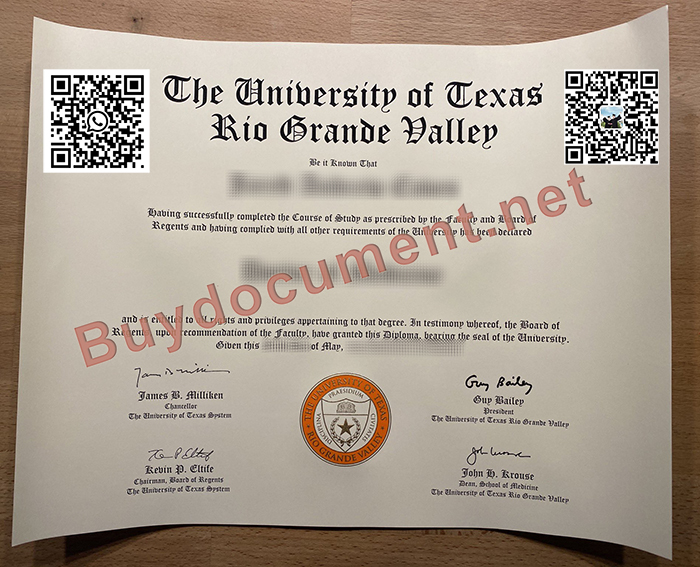 The University of Texas Rio Grande Valley diploma. Fake UTRGV degree certificate.